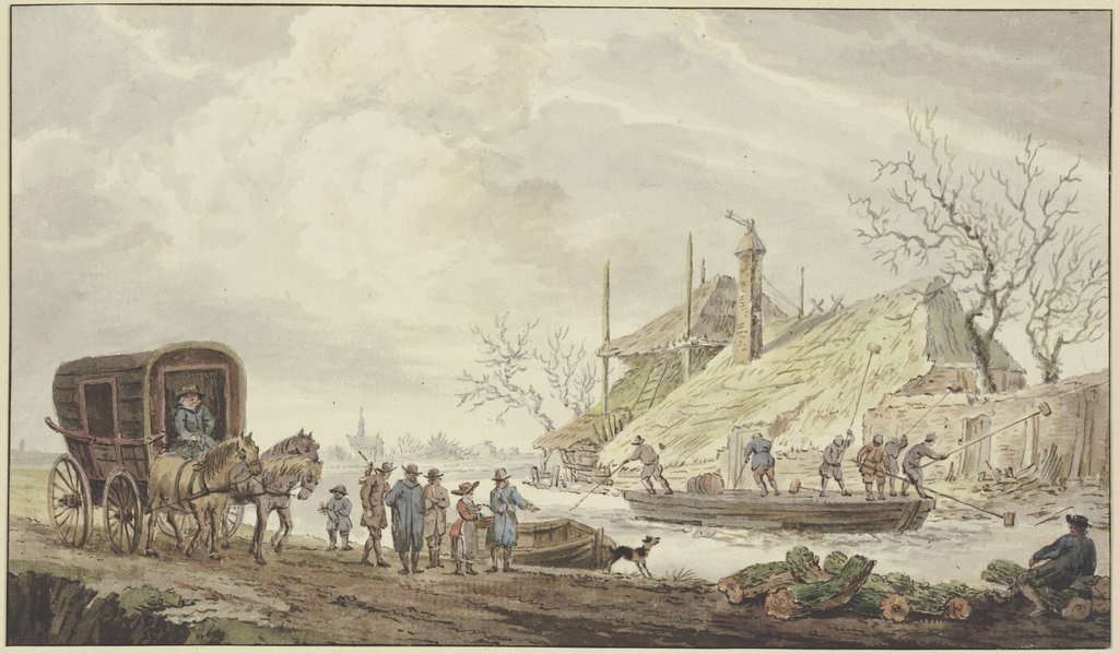 Winterlandschaft, an einem Bauernhof hauen Schiffer das Eis auf, links eine Kutsche, J. H. van Loon