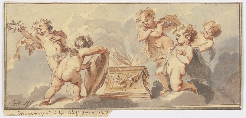 Design for a “double door piece”: Five putti at a sacrificial altar, Jacob de Wit