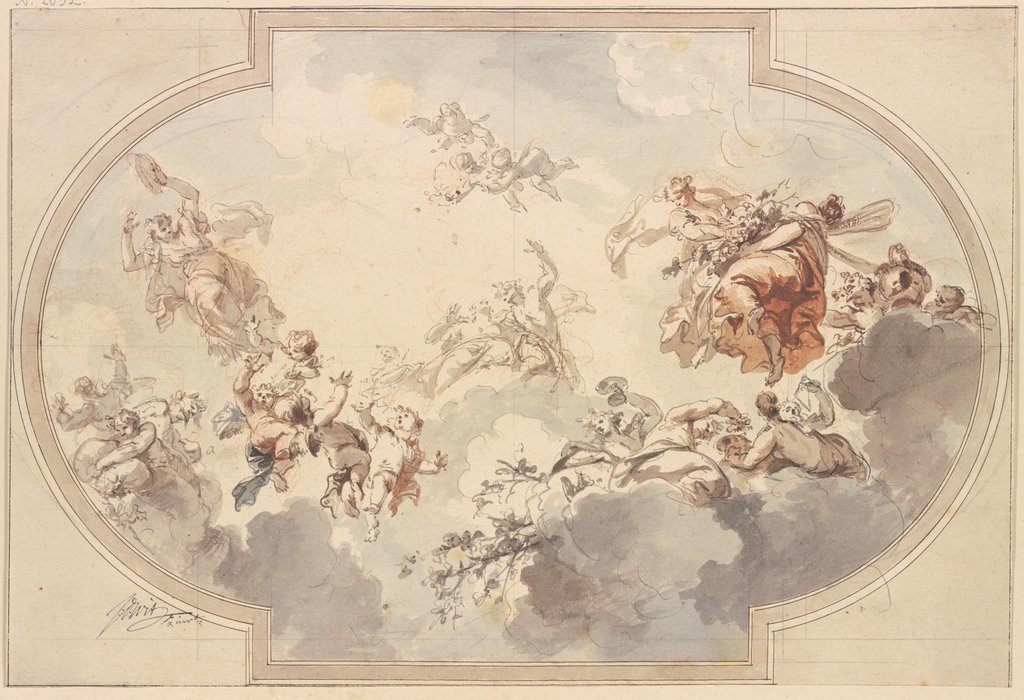 Viele Genien und Bacchanten schweben in Wolken, Jacob de Wit