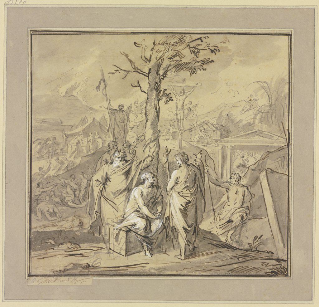 Ein am Baum der Erkenntnis Sitzender erhält Unterweisungen von Moses und Johannes dem Täufer, im Hintergrund Gesetzesempfang und eherne Schlange, typologisch flankiert von der Kreuzigung und Auferstehung Christi, Jacob de Wit