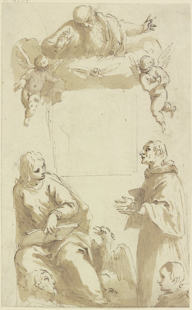 Gottvater mit Taube und Engeln über leerem quadratischem Feld, darunter Johannes der Evangelist und ein anderer anbetender Heiliger sowie die Köpfe von zwei Stiftern, Jacopo Palma il Giovane