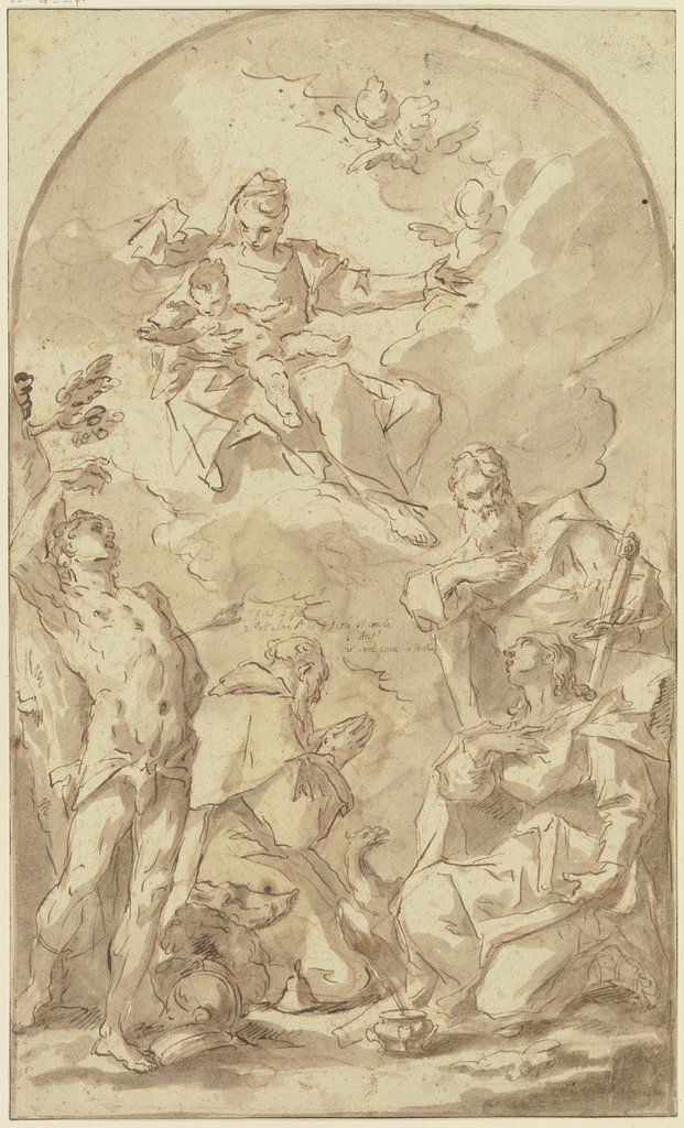 Maria mit dem Jesuskind auf Wolken zu den Heiligen Sebastian, Antonius Abbas, Paulus und Johannes dem Evangelisten herabschwebend, Sebastiano Ricci;   ?