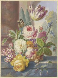 Ein Blumenstrauß in einem Korb, auf einer Tulpe ein Schmetterling, vorne eine Schnecke, Johannes Christiaan Roedig