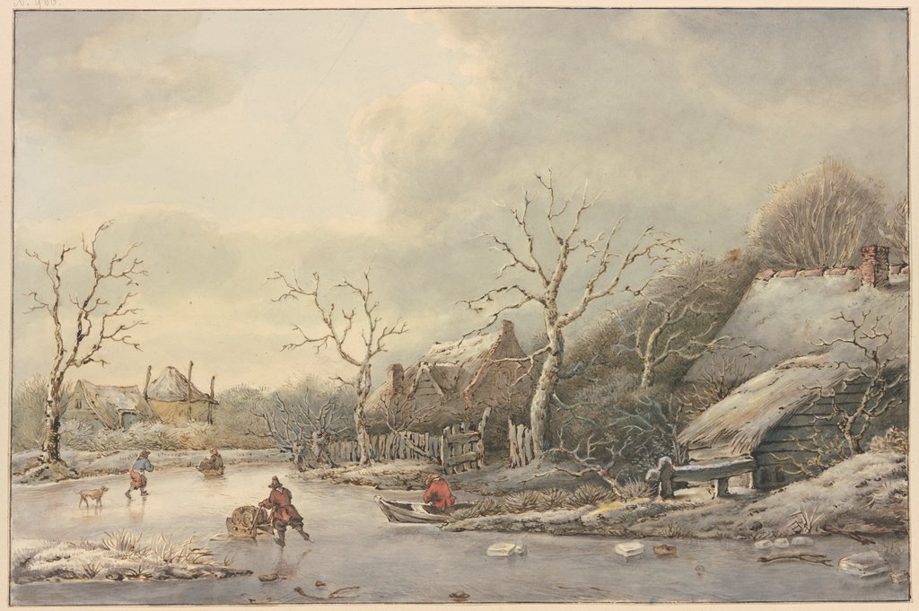 Winterlandschaft mit Schlittschuhläufern auf einem Kanal, Jan Hulswit