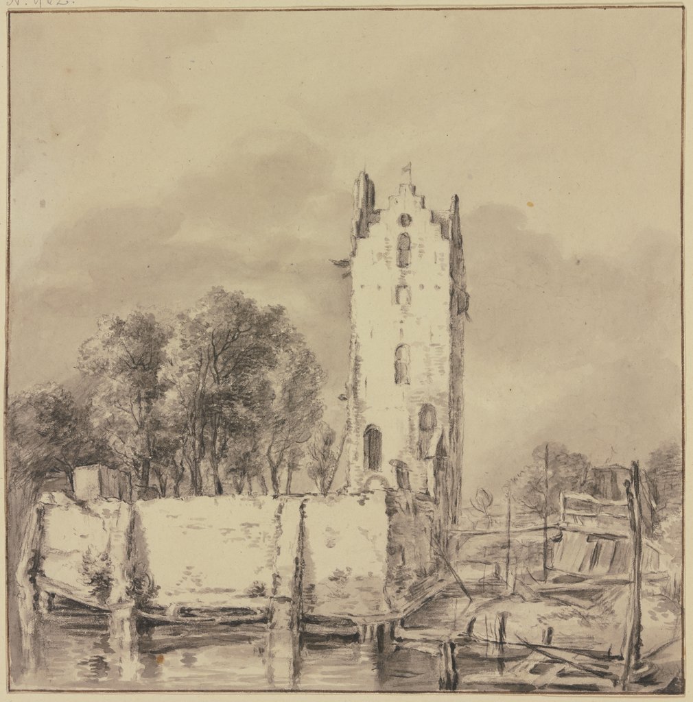 Tower by a wall, surrounded by water, Jan Hulswit, after Jacob Isaacksz. van Ruisdael