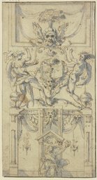 Ornament mit Grotesken, einer sitzenden weiblichen Figur und zwei Jünglingsakten in schreitender Stellung, Italienisch, 16. Jahrhundert