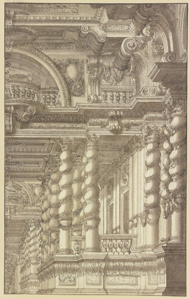 Hall with winding columns , Ferdinando Bibièna;  workshop; attributed