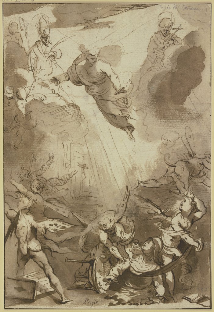 Christ appearing to a nun plagued by demons, in the sky a bishop saint with a martyr’s palm, accompanied by angels, and a monk saint (?), Francesco Merano