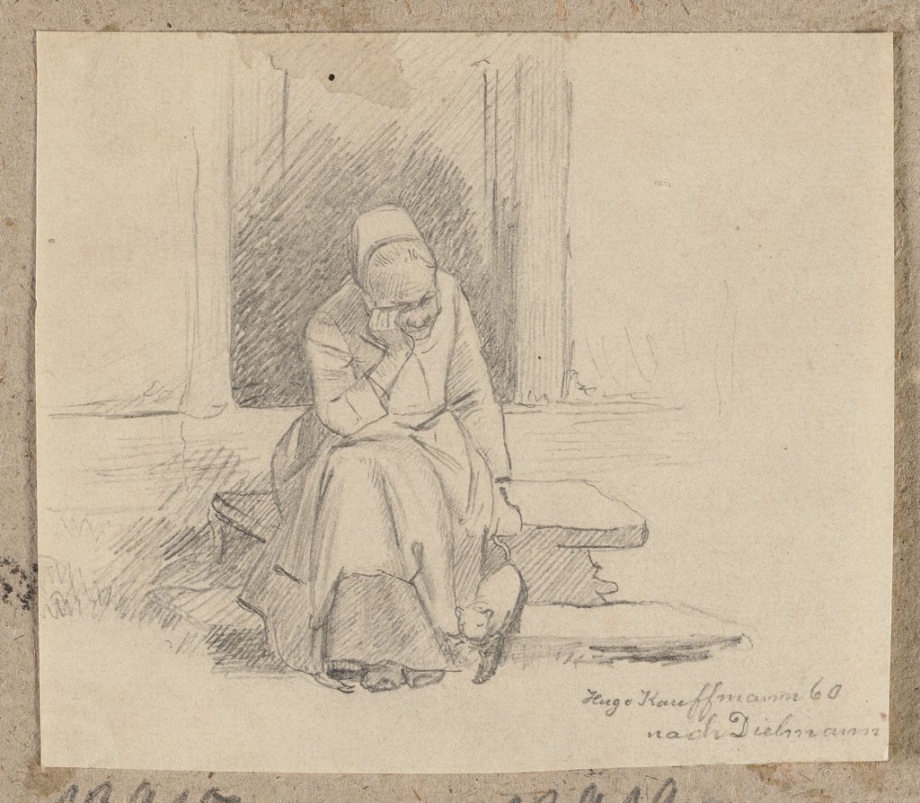 Alte Frau auf der Haustreppe, Hugo Kauffmann, after Jakob Fürchtegott Dielmann