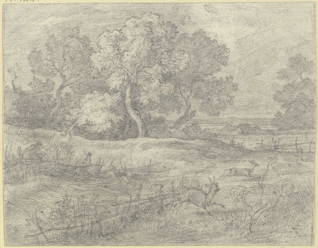 Baumbestandene Wiesenlandschaft, über die Jäger fliehende Rehe verfolgen, Ferdinand Olivier