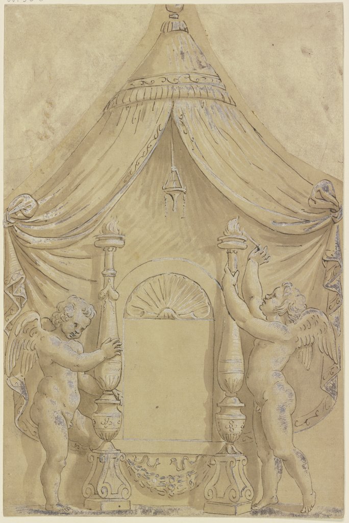 Zwei geflügelte Putti mit brennenden Kandelabern vor einer Baldachinnische, Italian, 16th century