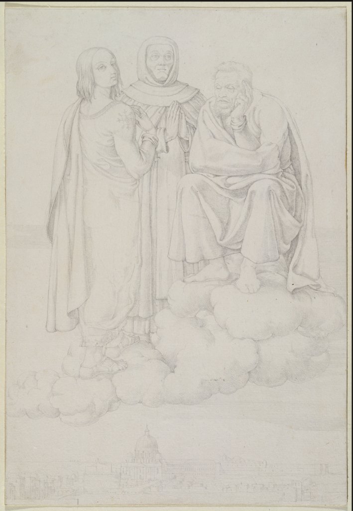 Raphael, Fra Angelico and Michelangelo on a Cloud over Rome, Franz Pforr