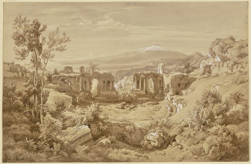 Das antike Theater von Taormina, im Hintergrund der rauchende Ätna, Eduard Wilhelm Pose