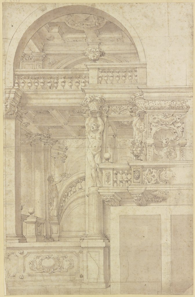 Treppe in einer mit Karyatiden geschmückten Säulenhalle, Antonio Roli, after Angelo Michele Colonna, after Agostino Mitelli