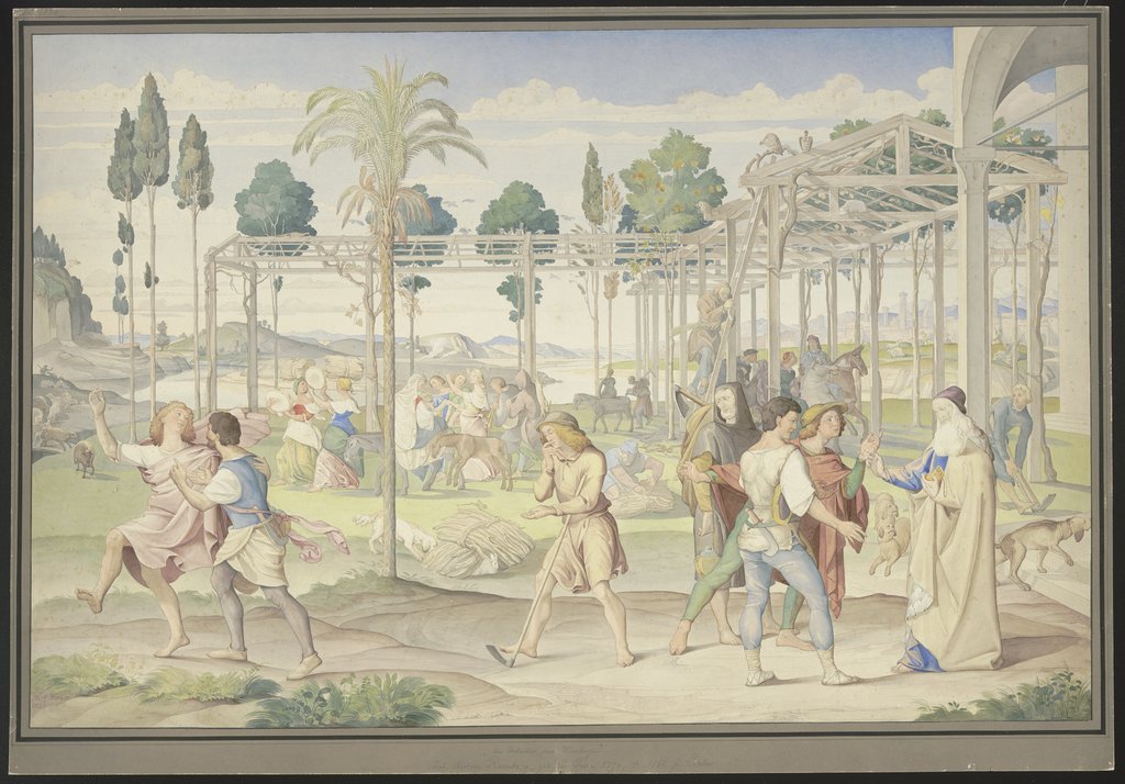 Das Gleichnis von den Arbeitern im Weinberg, Primaticcios Garten des Vertumnus und Poussins Reich der Flora nachempfunden, Johann Anton Ramboux, nach Nicolas Poussin, nach Francesco Primaticcio