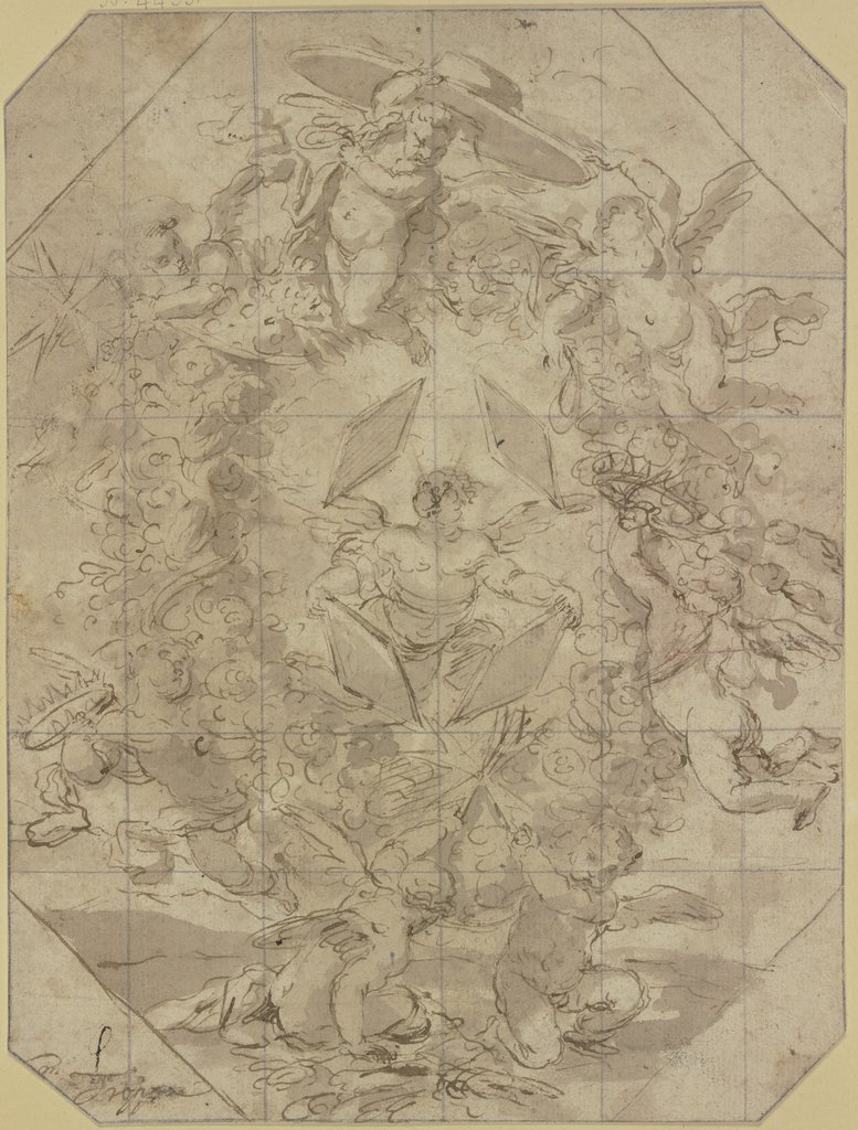 Putti with the coat of arms of the Rospigliosi family, with cardinal’s hat, crowns and Maltese crosses in a garland of flowers, Girolamo Troppa