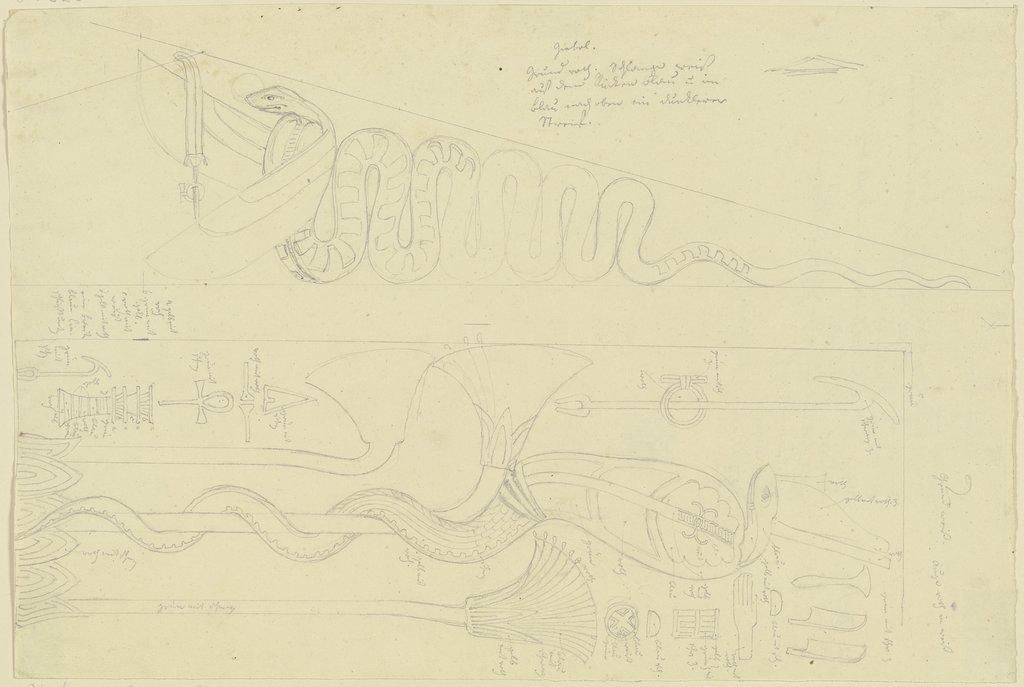 Studienblatt: Geflügelte Schlange in einem Giebelfeld sowie Hieroglyphen, Friedrich Maximilian Hessemer