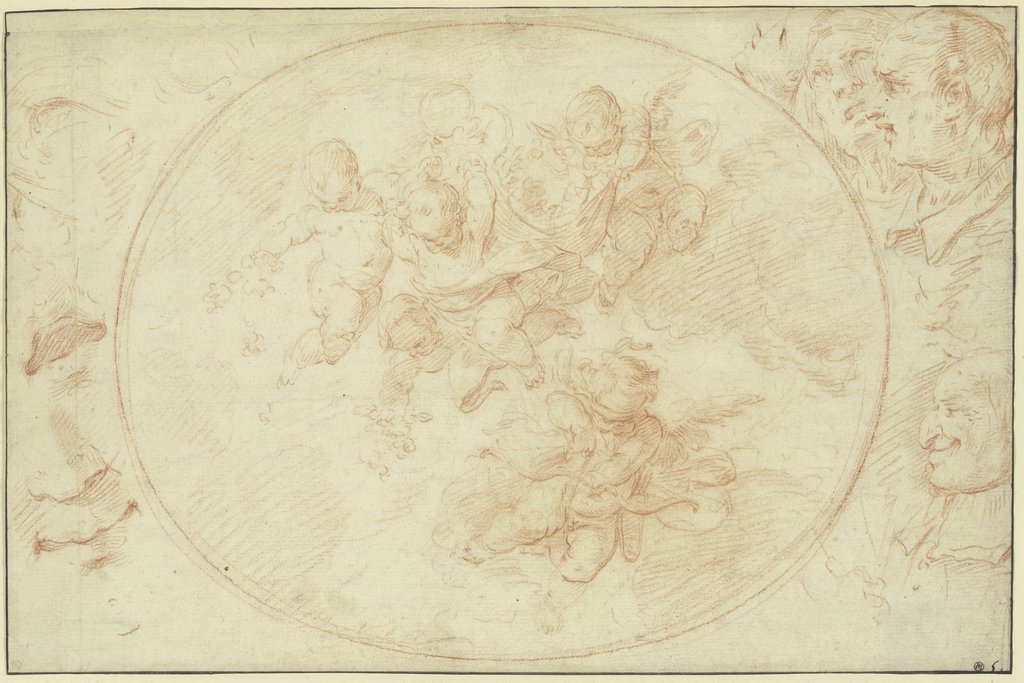 Cupid with bow and arrow surrounded by cupids scattering flowers, several heads at edges, Unknown artist