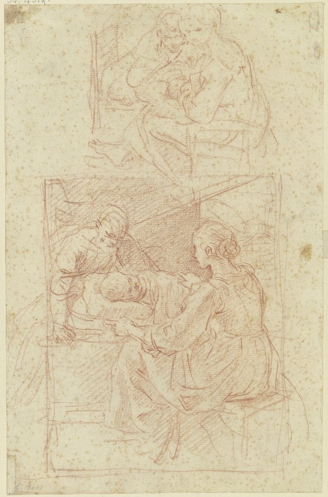 Holy Family, the child is lying in bed, a second draft above it, Simone Cantarini;   attributed