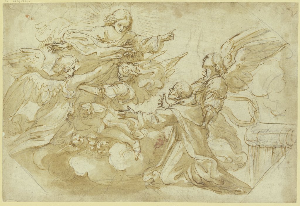 A female saint (the Virgin Mary?) borne by angels and putti appearing to a kneeling monk supported by an angel, Ludovico Carracci;   attributed, Cosimo Ulivelli