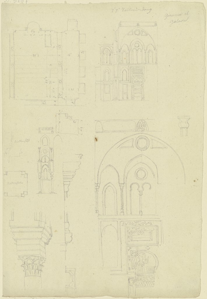 Studienblatt: Grundriss, Wandaufriss, Architekturprofile und -details, Friedrich Maximilian Hessemer