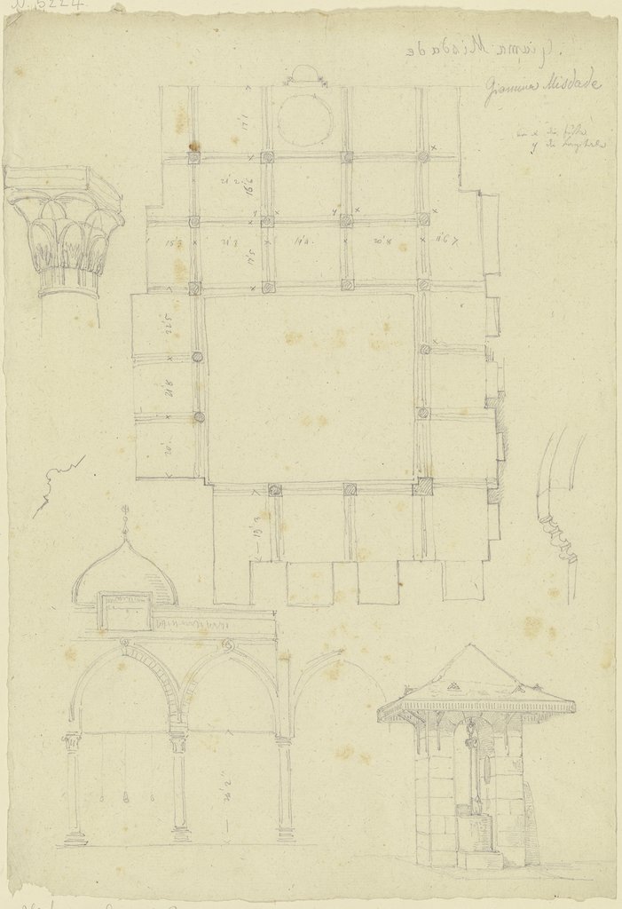 Studienblatt: Grundriss, Wandaufriss, Kapitell, Architekturprofile und -details, Friedrich Maximilian Hessemer