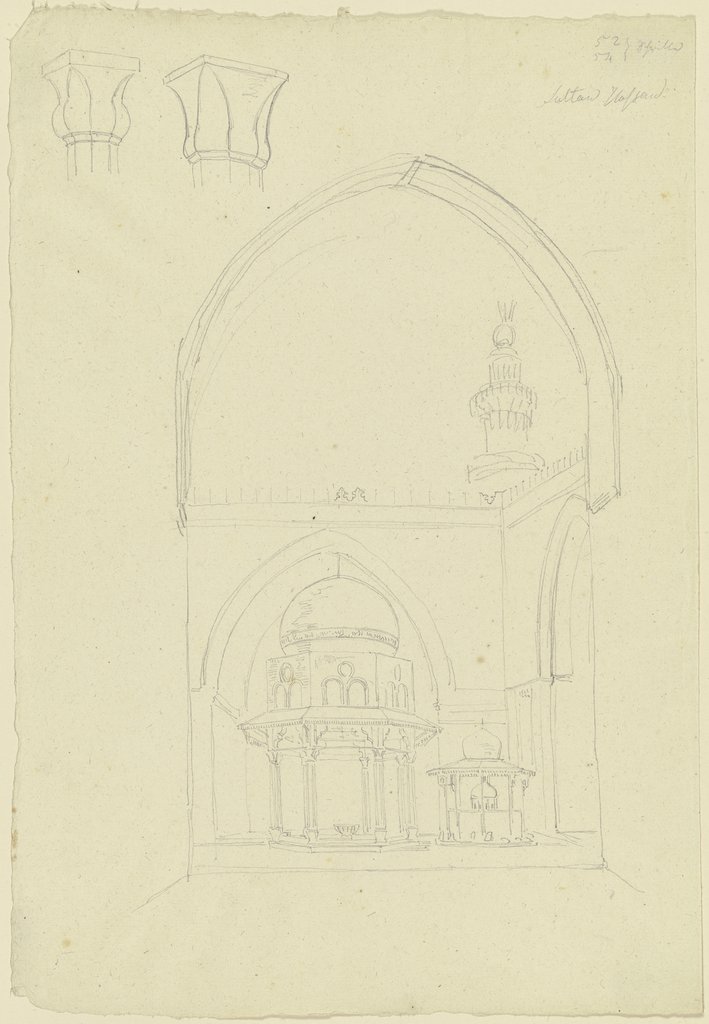 Blick durch den Innenhof einer Moschee auf das Minarett, Friedrich Maximilian Hessemer