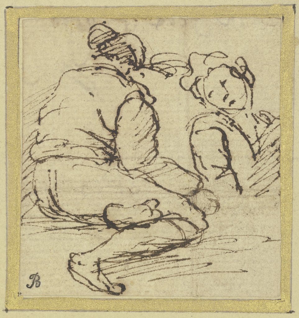 Two figures: on the left a seated man seen from the rear, on the right a half-length figure, Salvator Rosa