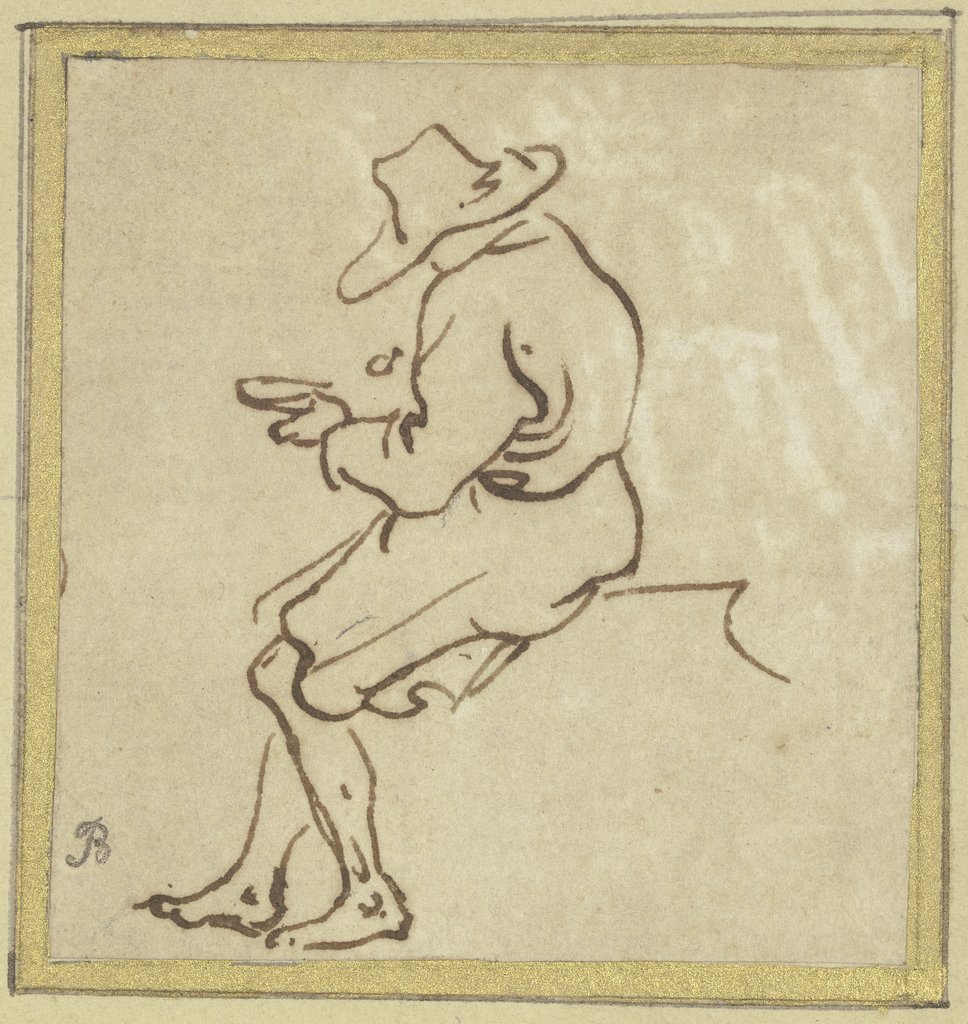 Seated man with hat, faced towards the left, Salvator Rosa;   attributed