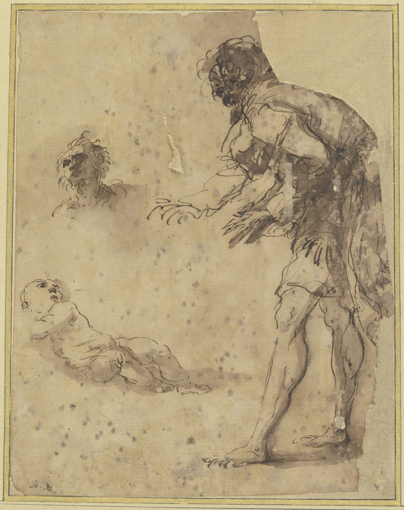 A man looks down at an infant lying on the ground; above there is a head study, Salvator Rosa