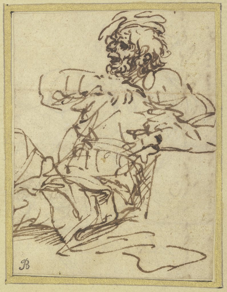 Bearded man with cap seated on the ground, Salvator Rosa