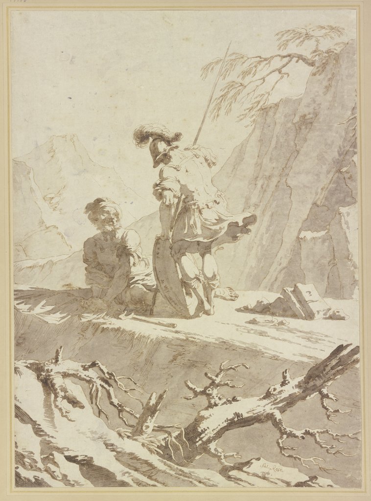 Zwei Krieger in einer Felsenlandschaft, Salvator Rosa;   ?