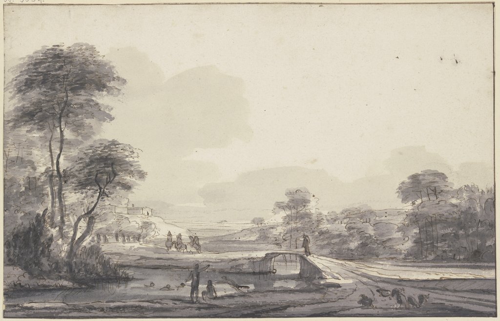 Landschaft mit Bach und Brücke, im Wasser Badende, Roelant Roghman