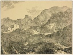 Gebirgslandschaft, links ein Haus mit einem Wanderer davor, Carl Friedrich von Rumohr