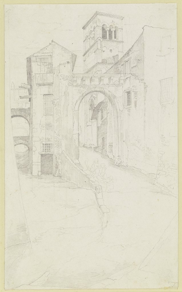 Straße in Rom mit einem Torbogen und dem Kirchturm von Santa Sabina, Carl Philipp Fohr