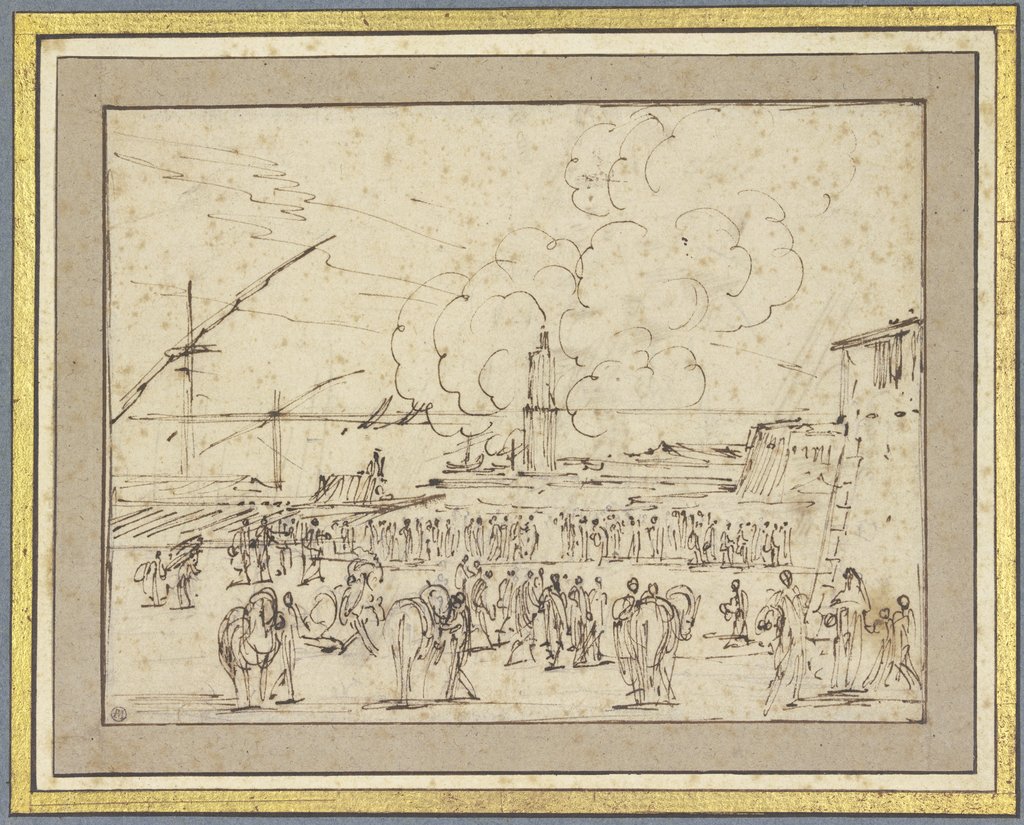 Hafen von Livorno mit einer Galeere, viele Figuren am Ufer, Agostino Tassi;   zugeschrieben