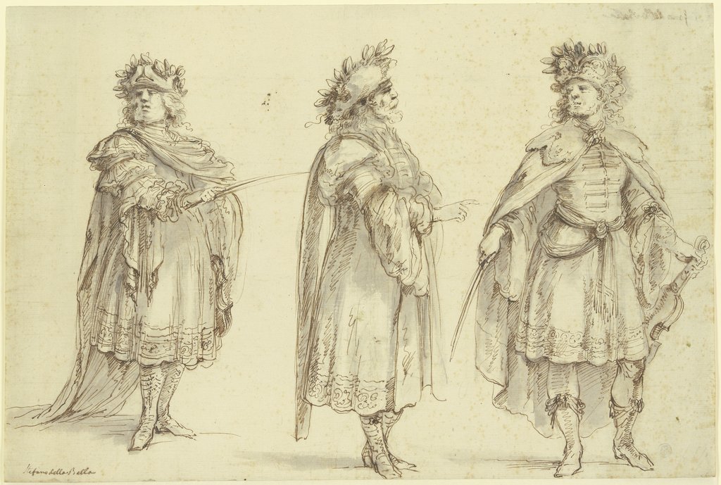 Theatre costume for a musician in three variants, Stefano della Bella