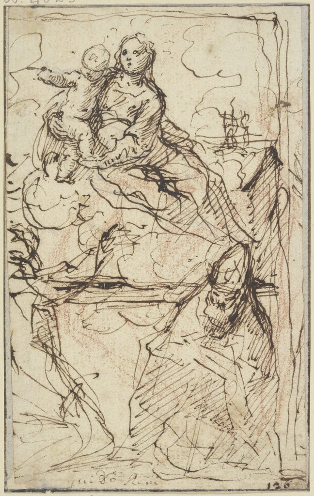 Studie für eine Madonna mit Kind und Heiligen (Madonna dell’Itria oder Madonna di Loreto), Simone Cantarini;   zugeschrieben