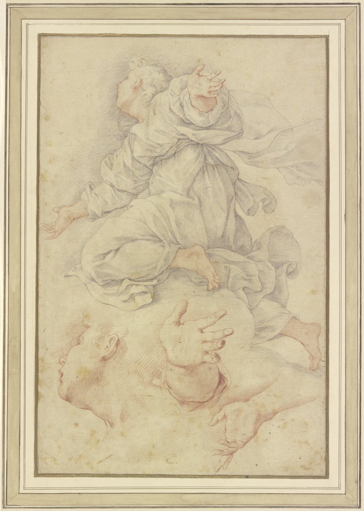 Kniende Figur auf Wolken mit fliegendem Gewand, darunter eine Wiederholung des Kopfes und der Hände , Giuseppe Bartolomeo Chiari;   ?