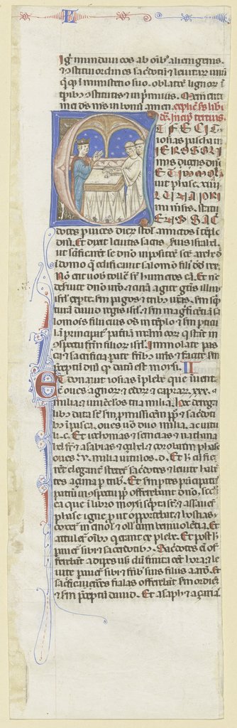 Initiale E: Ein Tieropfer wird dargebracht (verso Textfragment), Bolognese, 14th century