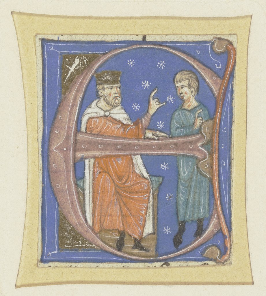 Initiale E: Darin ein sitzender Mann mit Krone, einen rechts neben ihm stehenden jüngerer Mann ansprechend, Bolognese, 14th century