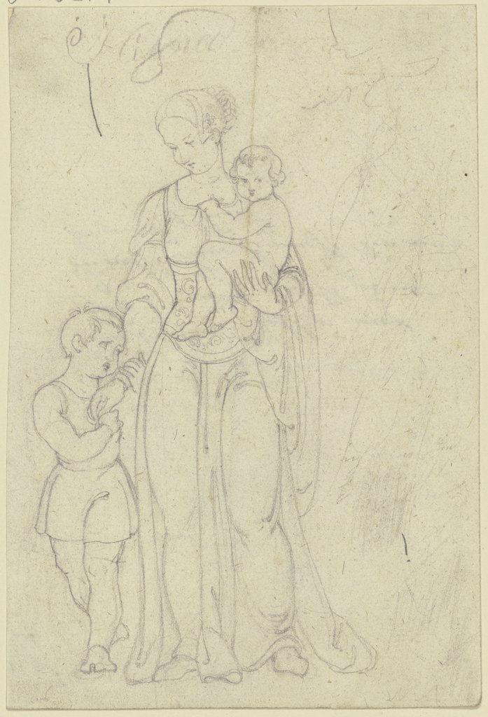 Frau im Renaissance-Habit mit einem Kind auf dem Arm und einem Jungen zu ihrer Rechten (Maria mit dem Jesuskind und dem Johannesknaben?), Eugen Eduard Schäffer, nach Ferdinand Fellner;   ?