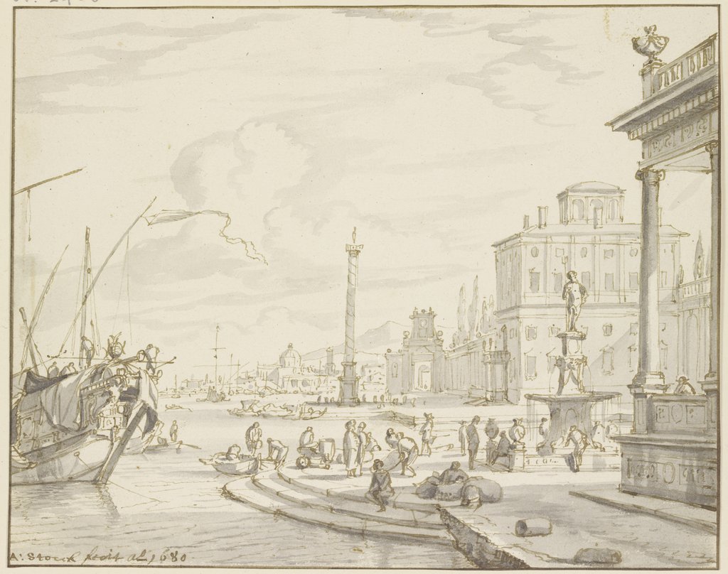 Seehafen mit einem Brunnen und einer Säule, Abraham Storck d. Ä.