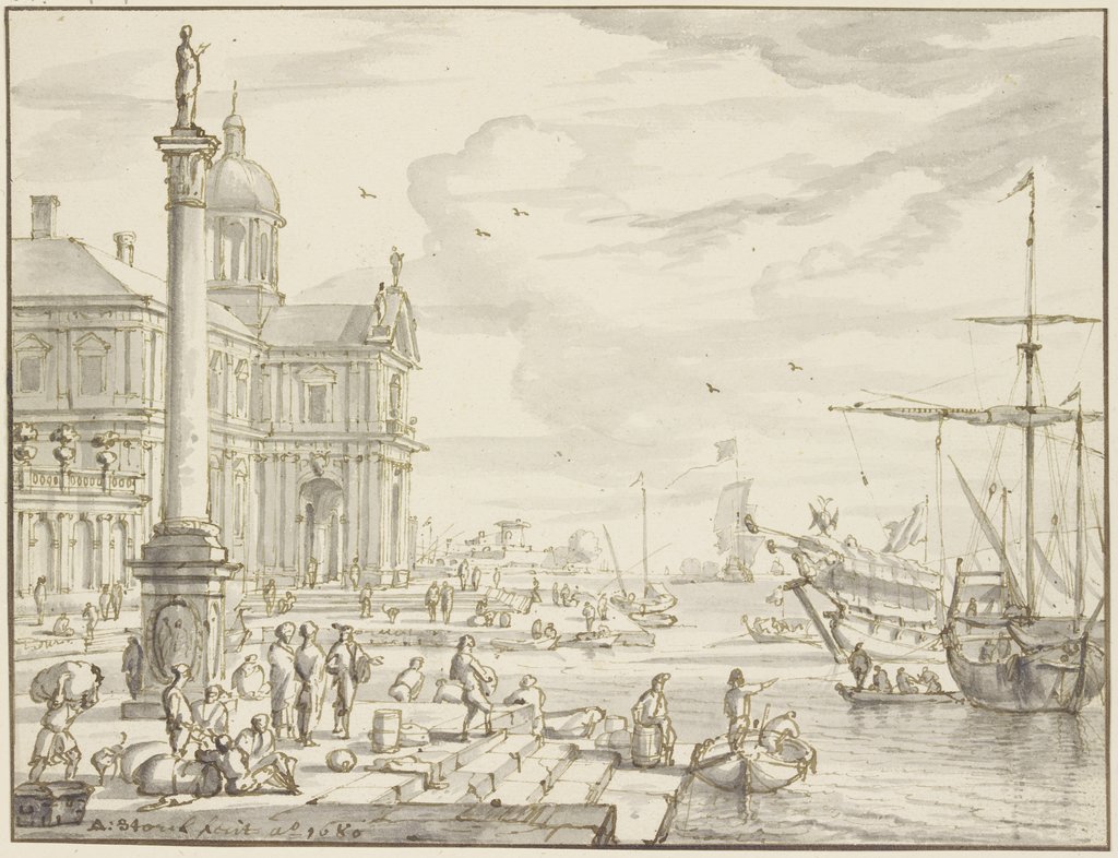 Seehafen, links eine Säule, Abraham Storck d. Ä.