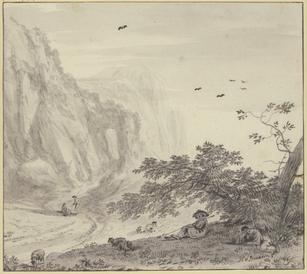 Hohe Felsen, rechts ruhende Schäfer, Hendrik van der Straaten