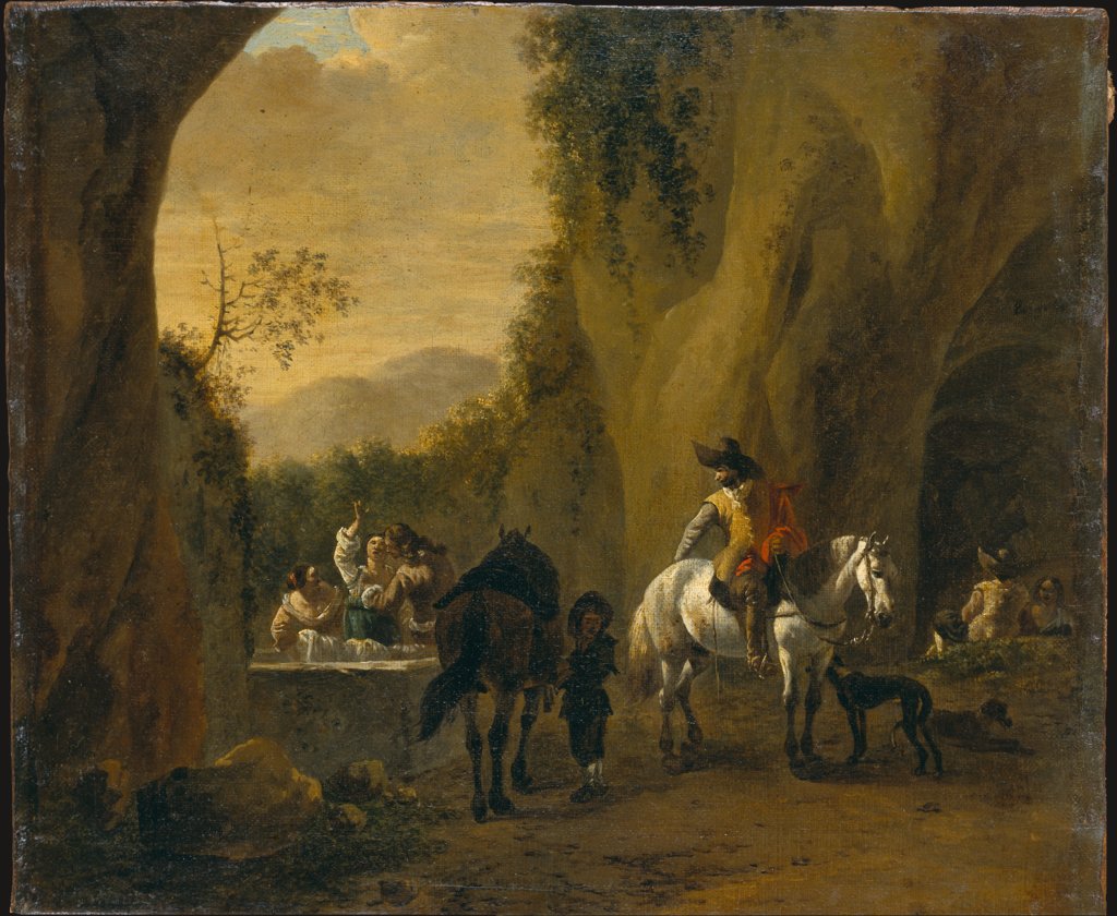 Landscape with Well at a Cave Entrance with Riders Resting and Women Doing Laundry, Bartholomeus Engels