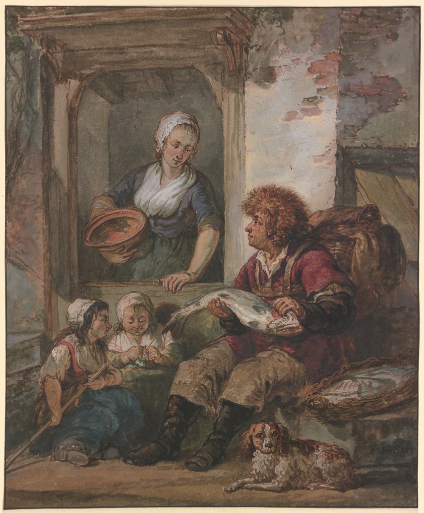 Fischhändler und Dienstmagd an der Haustür, Abraham van Strij