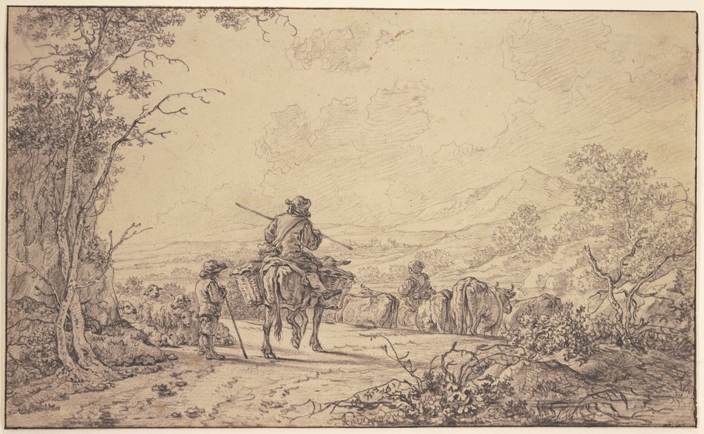 Shepherds with a herd of cattle and sheep in a hilly landscape, Abraham van Strij