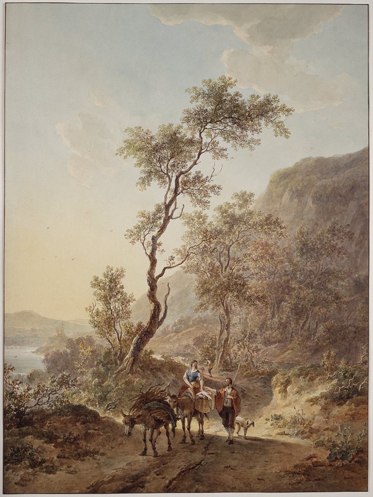 Italianised landscape with a pair of shepherds on a country lane, Jacob van Strij