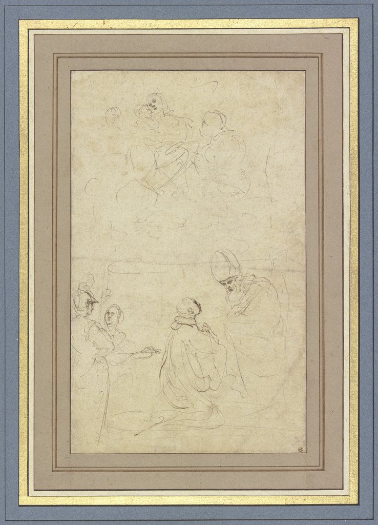 Die Muttergottes in Wolken, unten ein Geistlicher vor einem Bischof kniend, links ein Krieger und eine Frau, Guercino (Giovanni Francesco Barbieri)